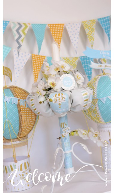 Lumanare de botez cu flori si baloane de aer cald, 65x4 cm, Mint & Gold Balloons  6